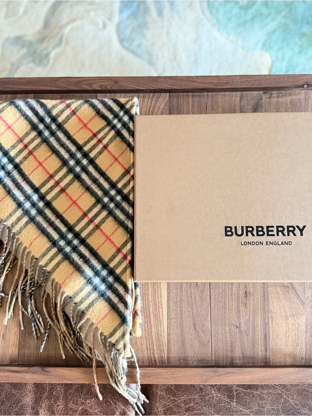 New  Burberry Double Sides Cashmere Vintage Check Bandana Scarf in Original Box